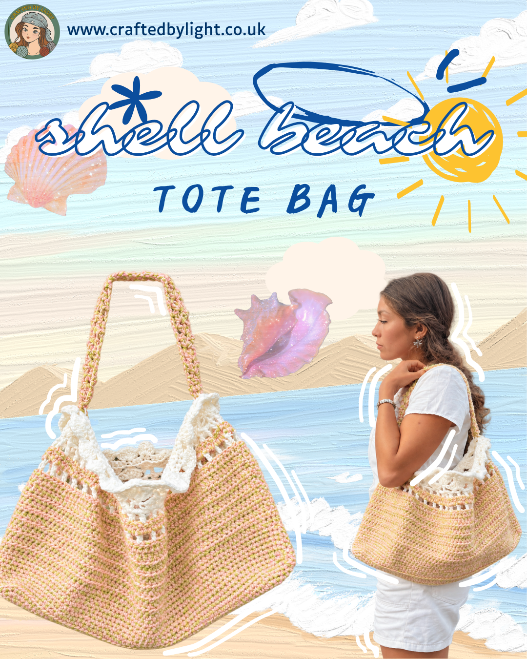 Shell Beach Tote crochet beach bag pattern PDF by Crafted by Light