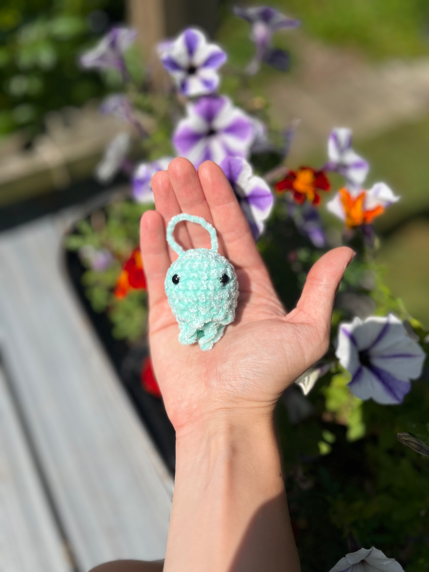 Blue luminescent handmade crochet jellyfish keyring and marine life bag charm