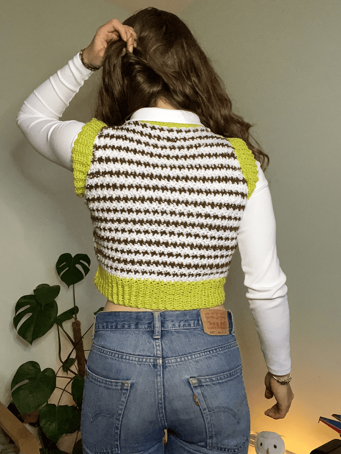 Cropped crochet sweater vest styled as a handmade crochet outfit, cottagecore fashion and wearable crochet clothing