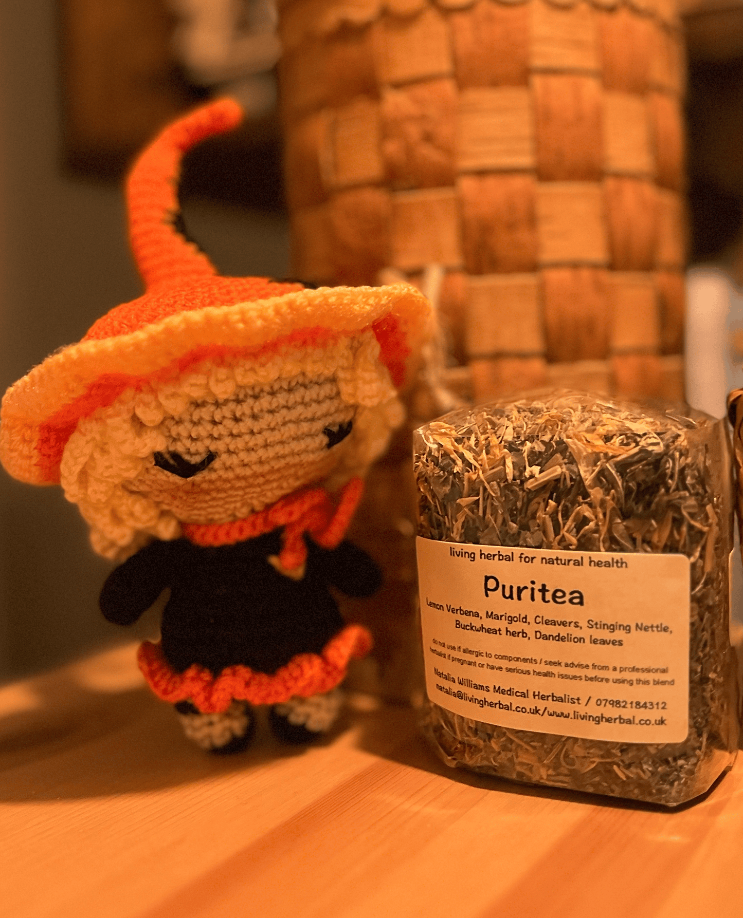 Helga crochet witch companion paired with Puritea loose leaf herbal tea gift set