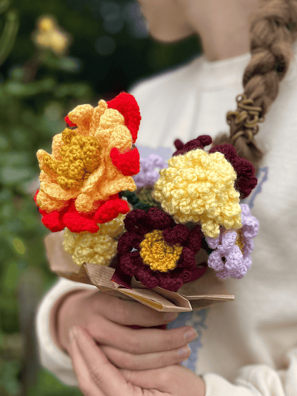 Small handmade crochet autumn bouquet featuring chrysanthemum, dahlia and aster flowers