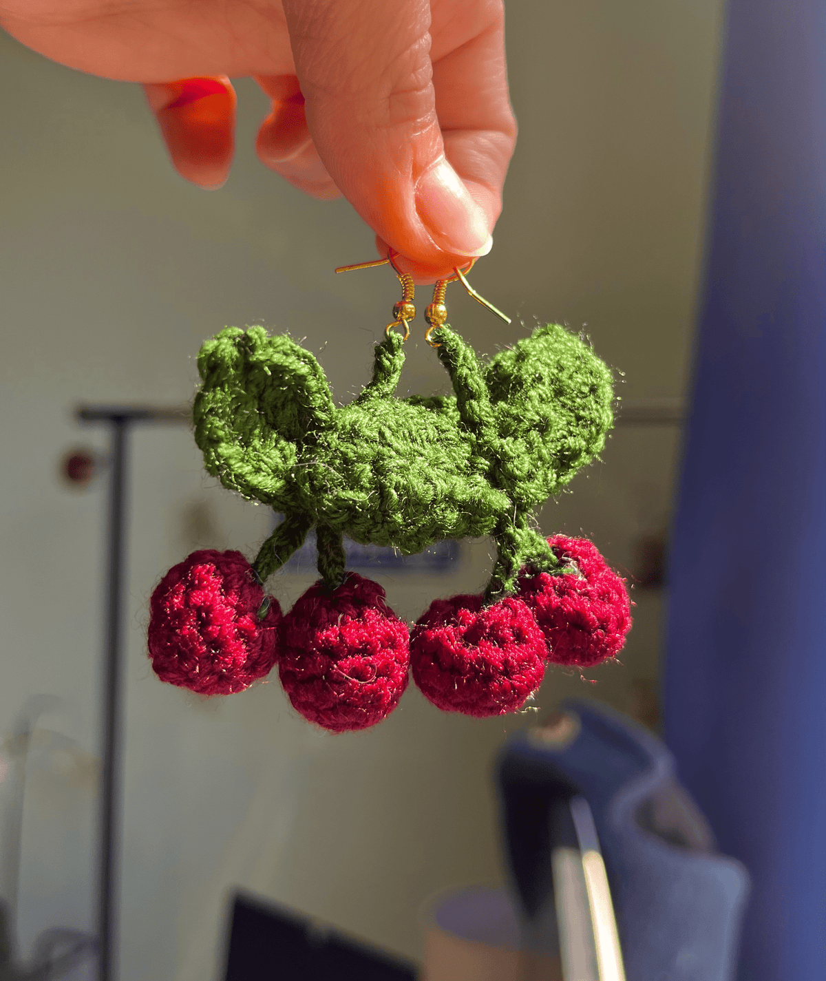 Handmade crochet cherry earrings cute fruit jewellery lightweight crochet statement earrings cottagecore accessories UK