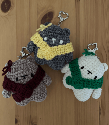 Cosy chenille crochet bear keyrings featuring Ube Brownie, Cookies n Cream and White Chocolate bears