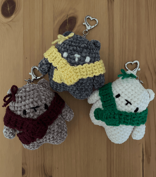 Cosy chenille crochet bear keyrings featuring Ube Brownie, Cookies n Cream and White Chocolate bears