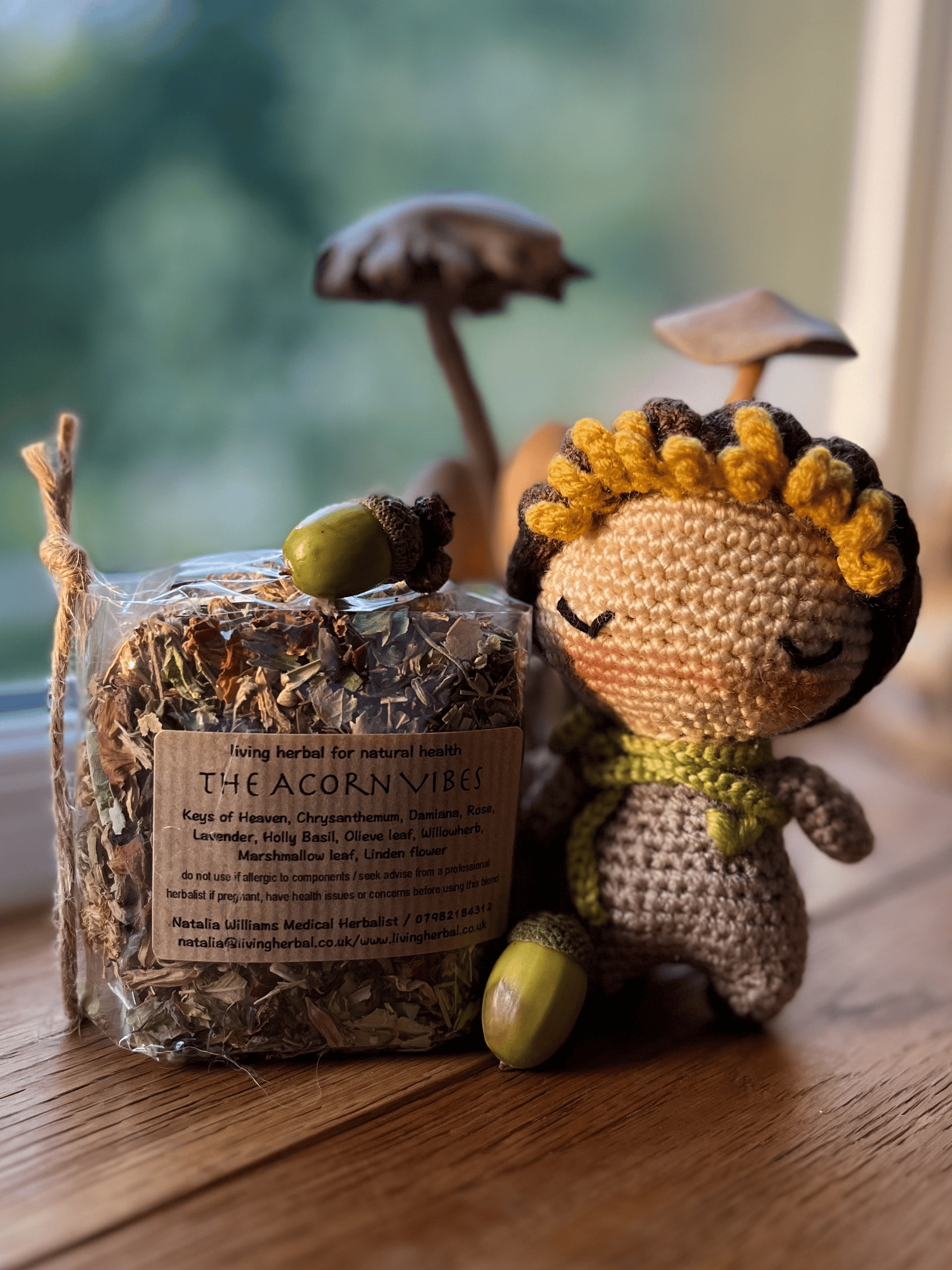 Oakli crochet acorn companion with Acorn Vibes loose leaf herbal tea gift set, crochet acorn companion and herbal tea gift set for tea lovers and nature lovers