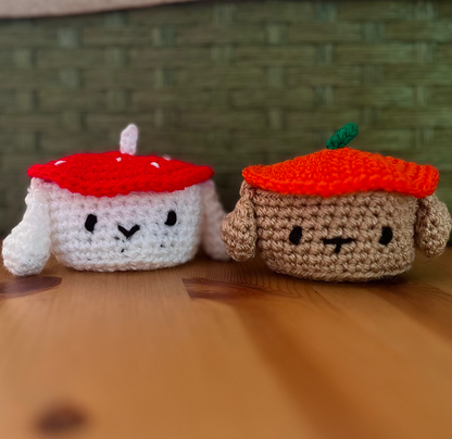 Autumn crochet accessory boxes featuring mushroom rabbit and pumpkin dog designs