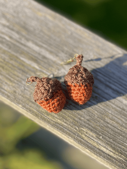 Handmade crochet acorn earrings in warm earthy colours, autumn nature jewellery