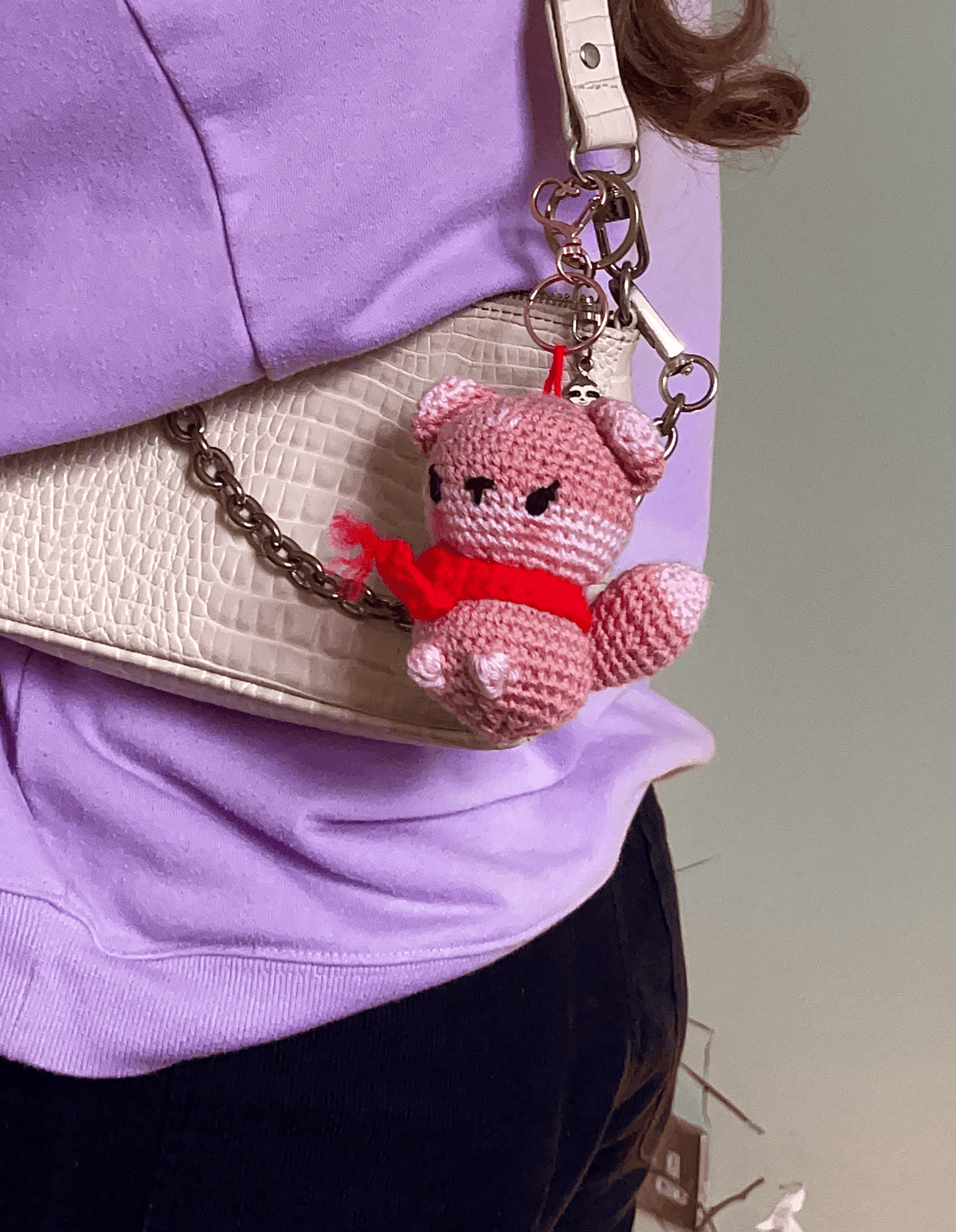 Blossom pink crochet fox keyring, handmade animal accessory and cute woodland crochet bag charm