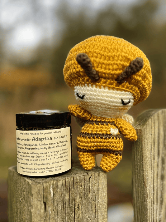 Hummer crochet bumblebee companion paired with Adaptea herbal powder gift set