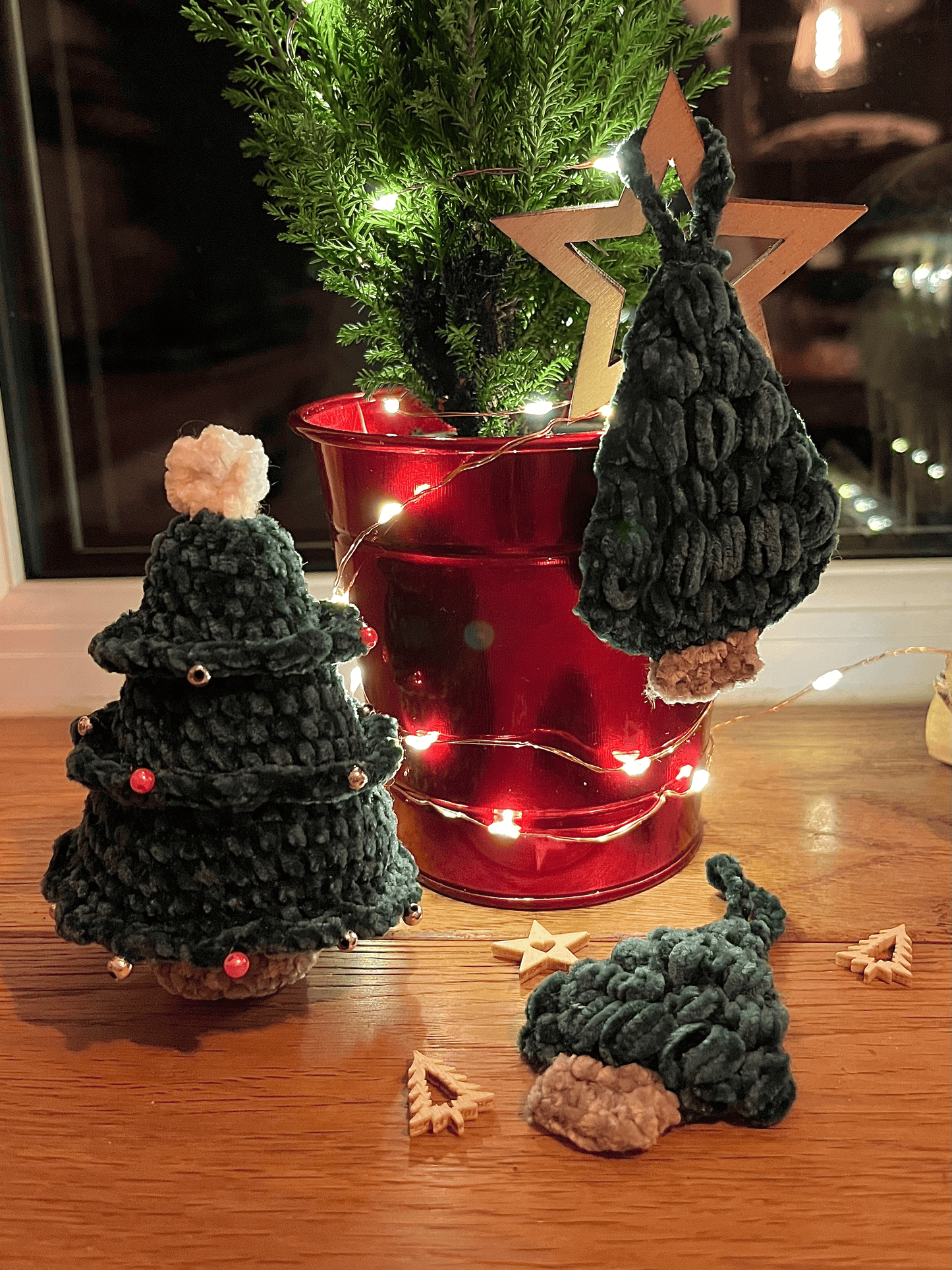 Chenille crochet Christmas tree set with one plush tree and two flat handmade festive trees