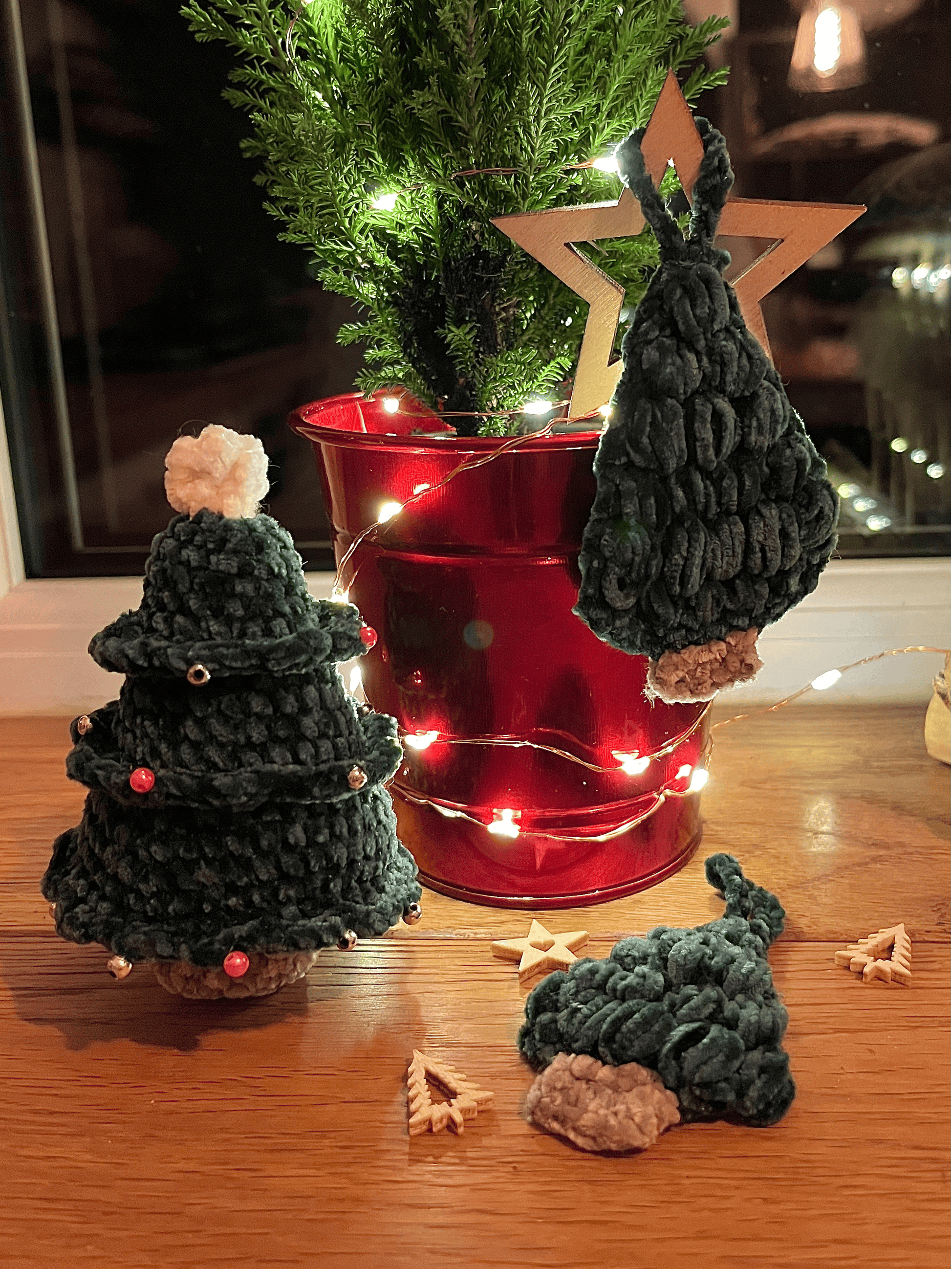 Chenille crochet Christmas tree set with one plush tree and two flat handmade festive trees
