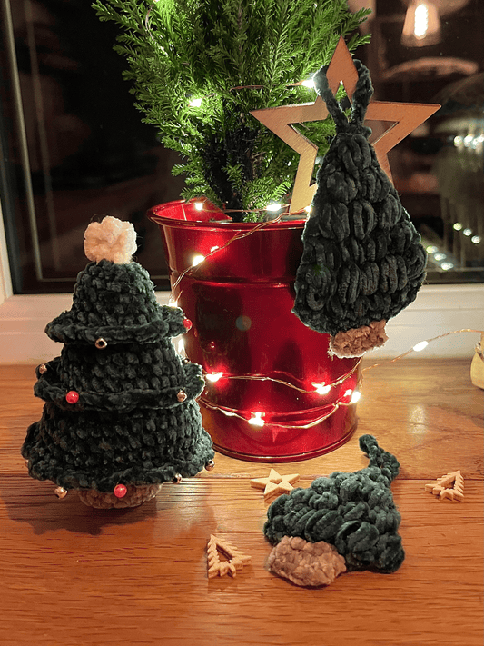 Chenille crochet Christmas tree set with one plush tree and two flat handmade festive trees