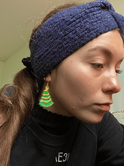 Crochet Christmas tree earrings handmade for festive outfits, Christmas parties and seasonal jewellery collections