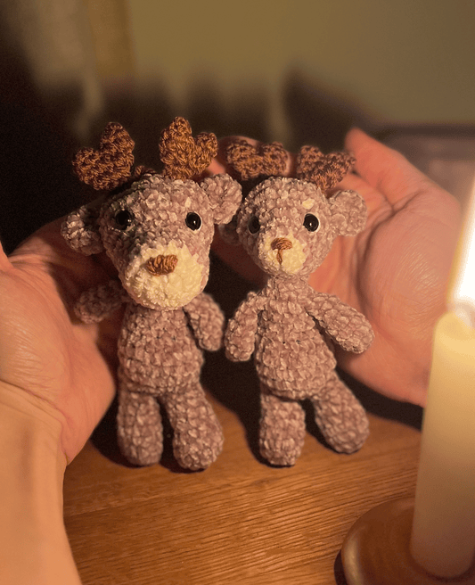 Male and female chenille crochet reindeer Christmas tree decorations, handmade festive ornament pair
