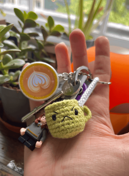 Handmade crochet coffee cup keychain with happy sleepy grumpy and jolly emoji expressions cute coffee bag charm handmade accessory UK