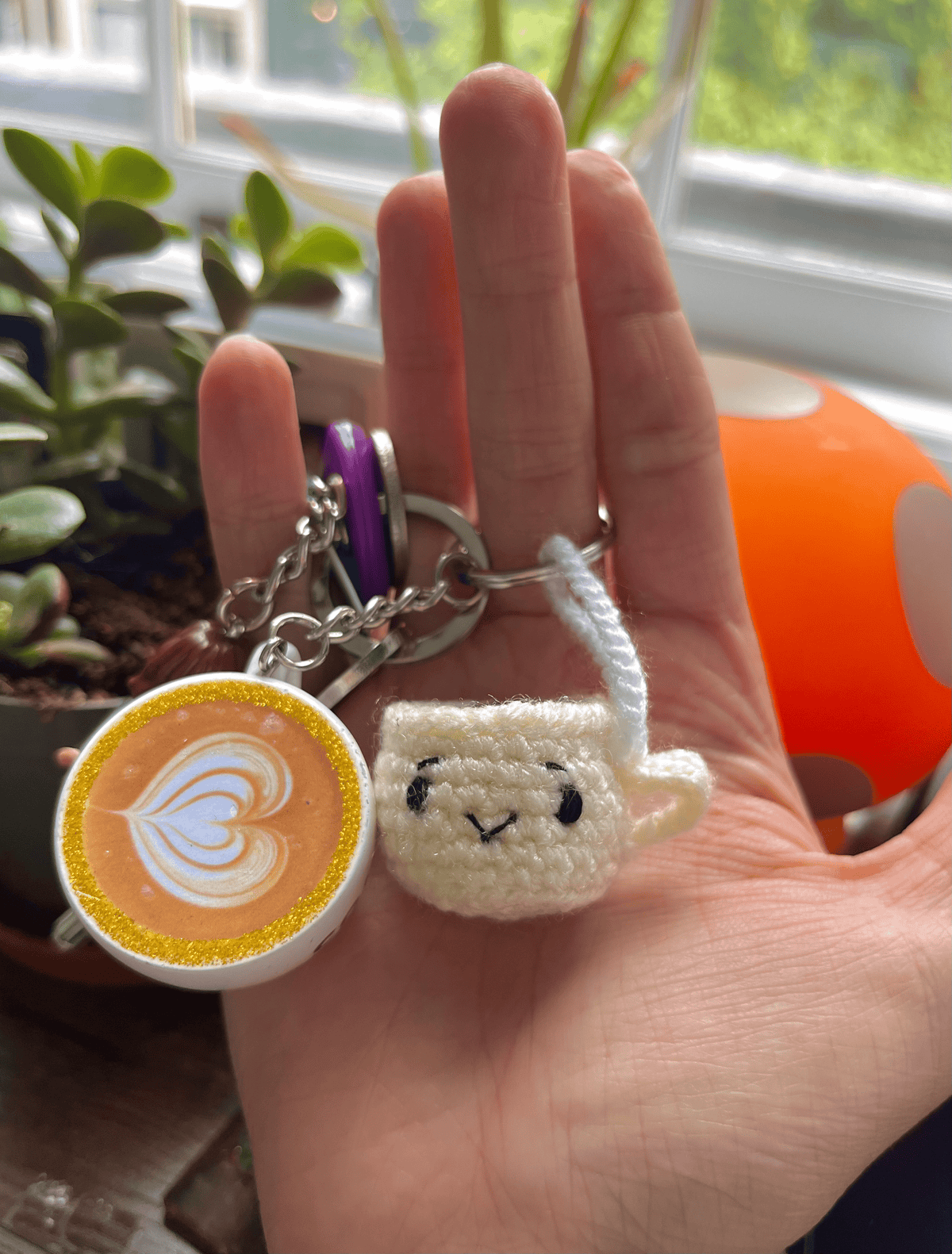 Handmade crochet coffee cup keychain with happy sleepy grumpy and jolly emoji expressions cute coffee bag charm handmade accessory UK