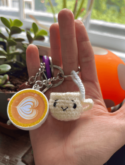 Handmade crochet coffee cup keychain with happy sleepy grumpy and jolly emoji expressions cute coffee bag charm handmade accessory UK