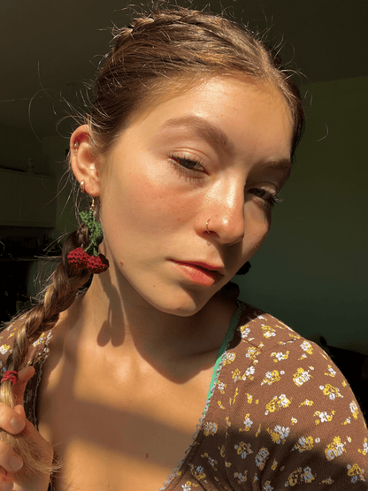 Handmade crochet cherry earrings cute fruit jewellery lightweight crochet statement earrings cottagecore accessories UK
