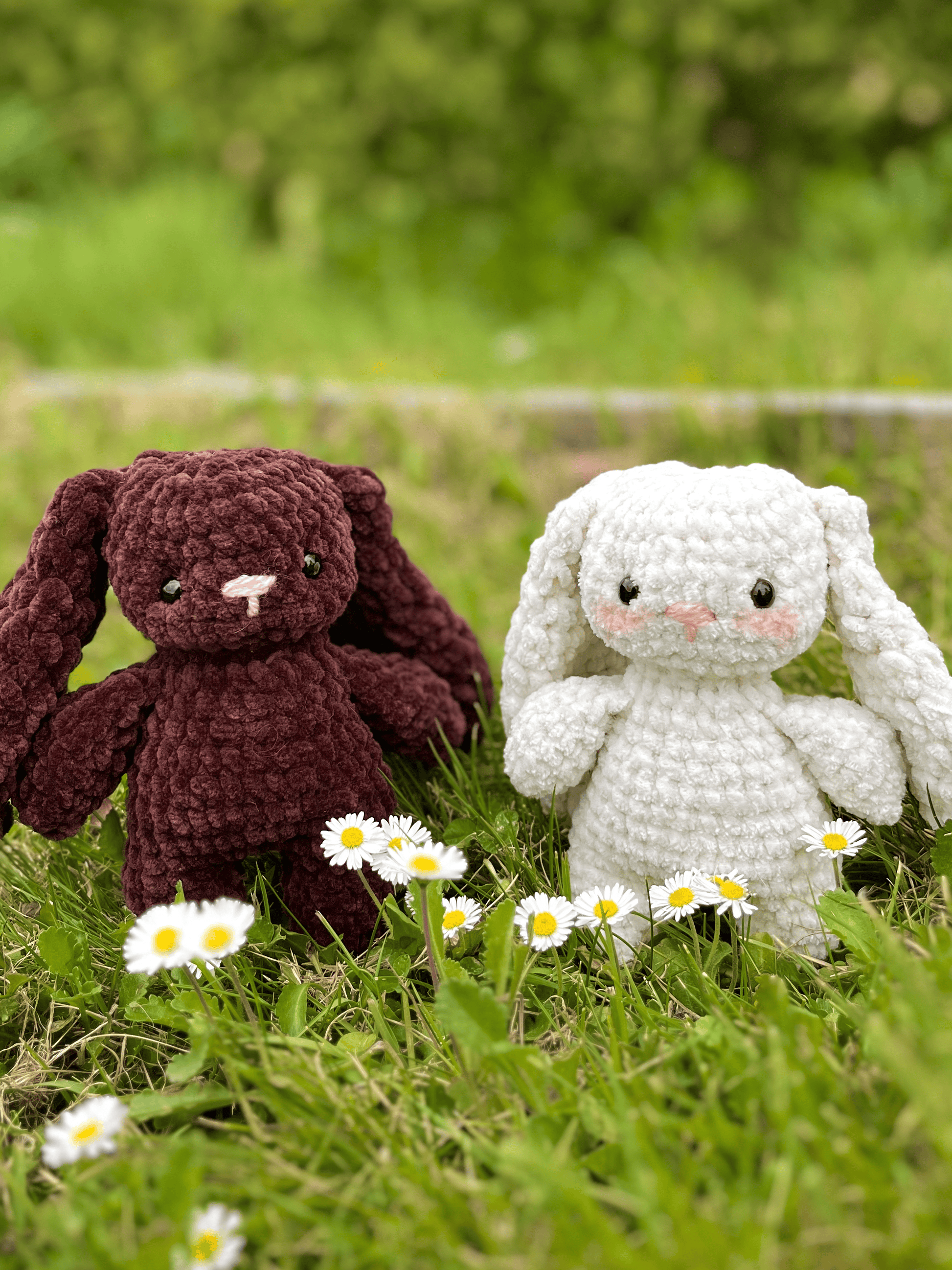 Mini crochet Easter bunny plushies Snowdrop and Cocoa, handmade rabbit toys and cute Easter basket gifts