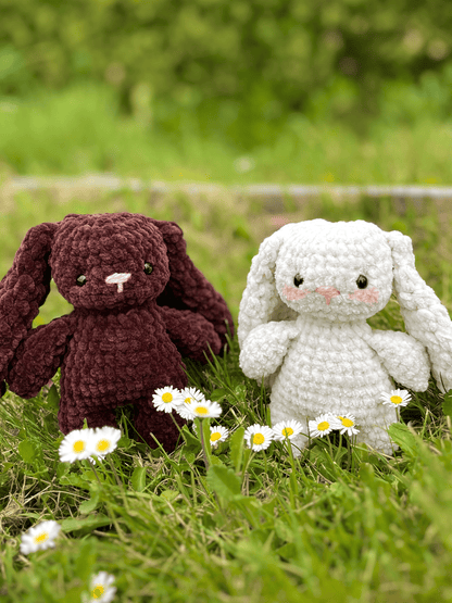 Mini crochet Easter bunny plushies Snowdrop and Cocoa, handmade rabbit toys and cute Easter basket gifts