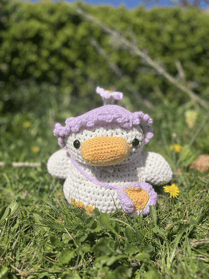 Lavender floral duckling crochet plush toy with flower hat and satchel, cute Easter duckling plush and handmade spring gift