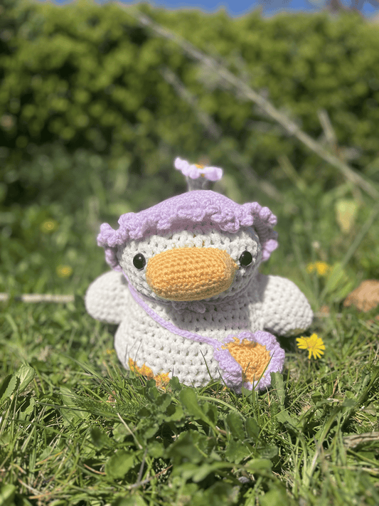 Lavender floral duckling crochet plush toy with flower hat and satchel, cute Easter duckling plush and handmade spring gift