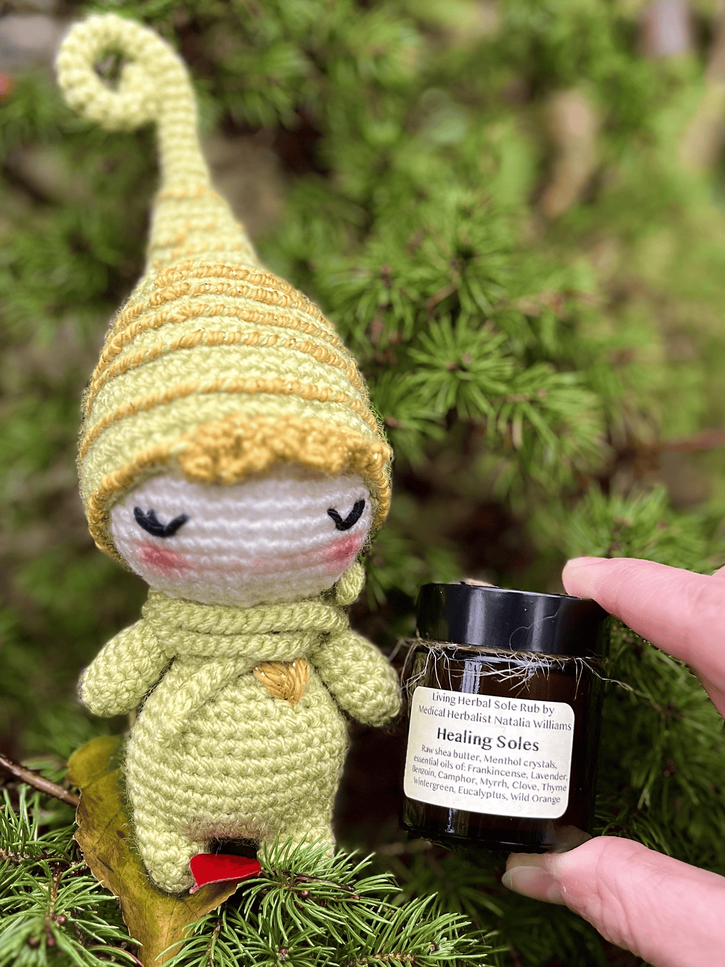 Peppermint crochet elf paired with Healing Soles herbal foot balm Christmas gift set