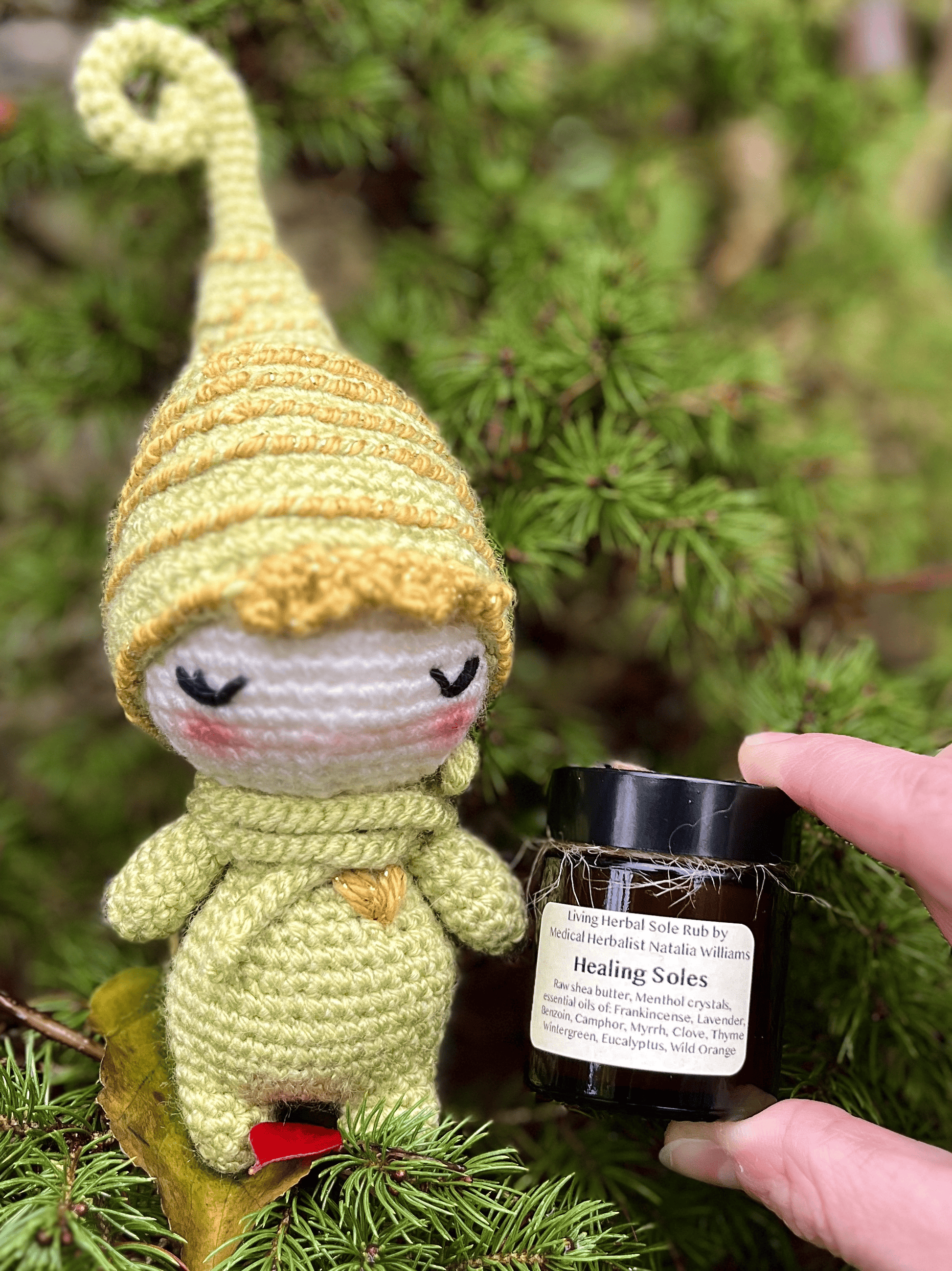 Peppermint crochet elf paired with Healing Soles herbal foot balm Christmas gift set