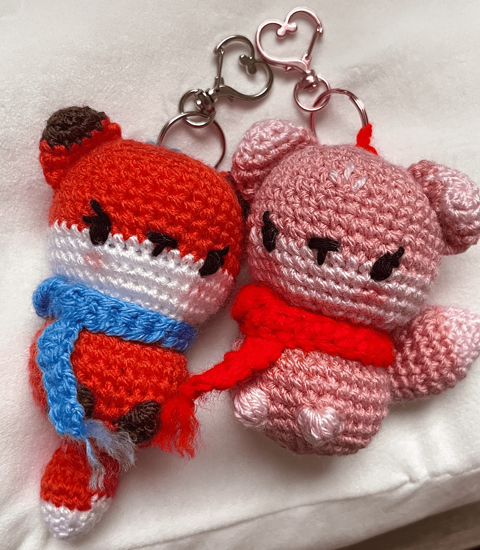 Handmade crochet fox keyrings in orange and pink, cute animal keychains, woodland accessories and crochet bag charms