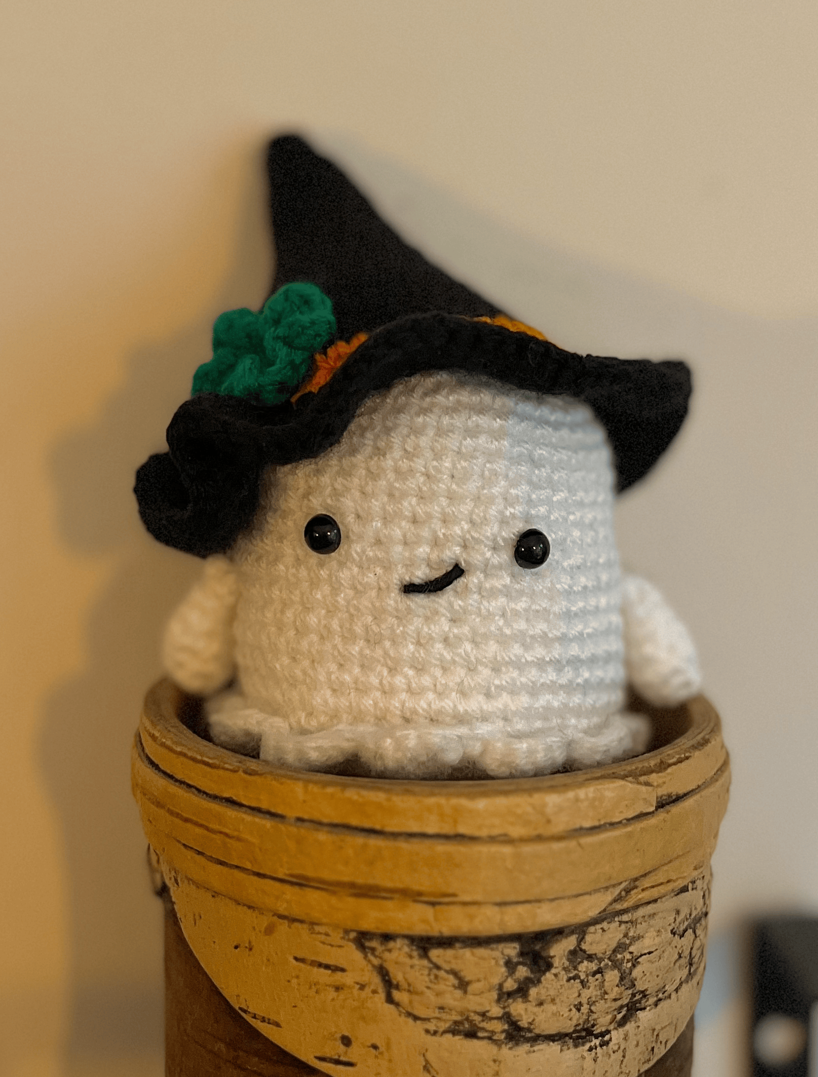 Tinker the Ghost handmade crochet plush, cute Halloween and cottagecore ghost decoration