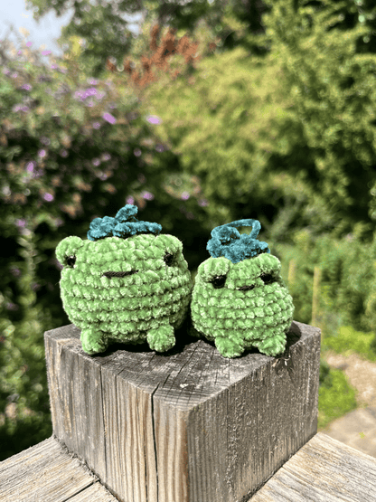 Green Toadmato handmade crochet frog and toad plushie in chenille yarn