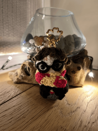 Harry inspired crochet character keyring and handmade wizard bag charm