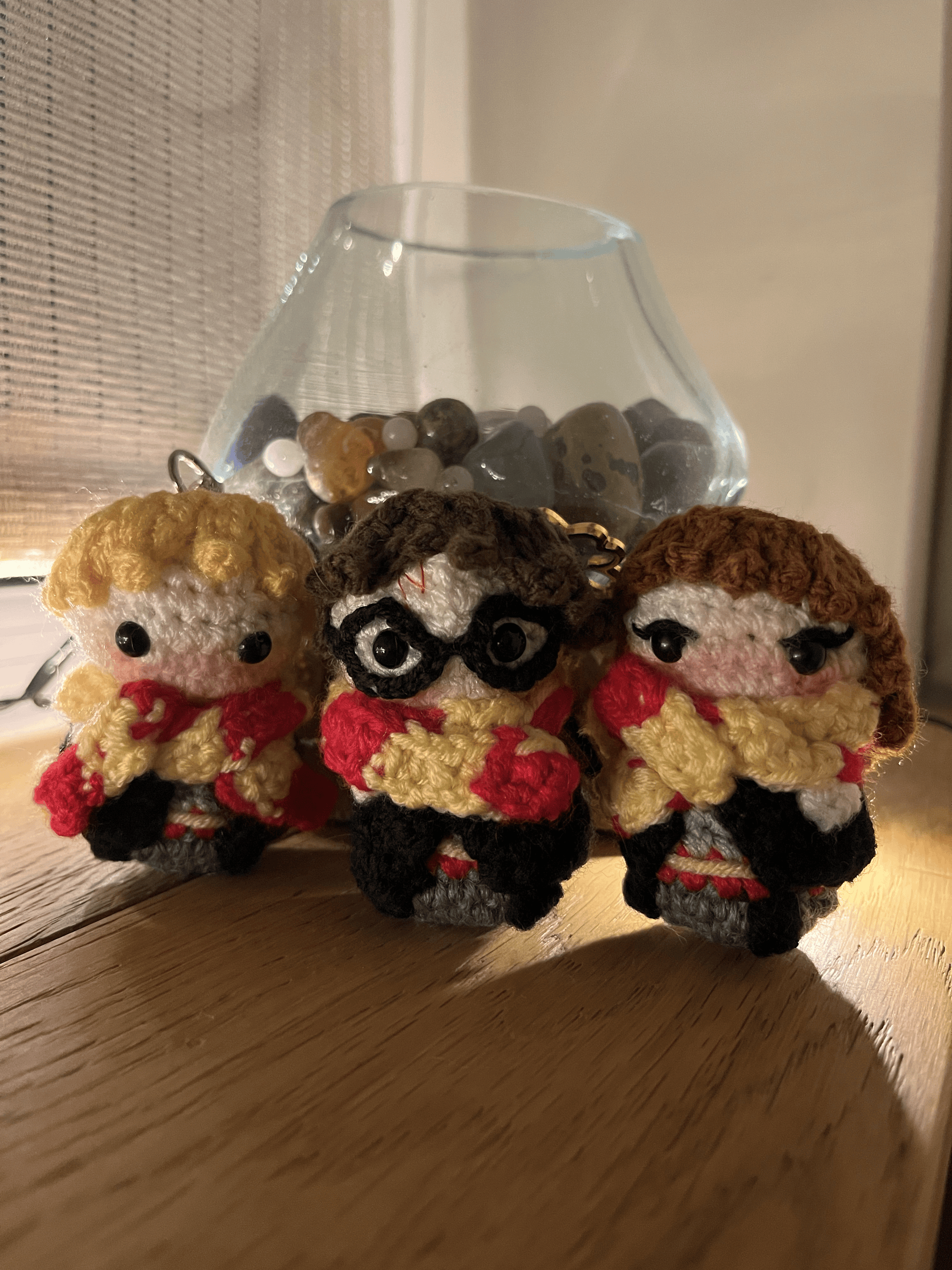 Harry Ron and Hermione inspired handmade crochet keyrings for wizard and fantasy fans