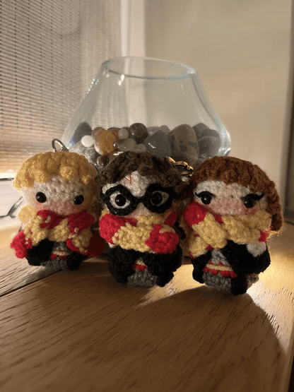 Harry Ron and Hermione inspired handmade crochet keyrings for wizard and fantasy fans