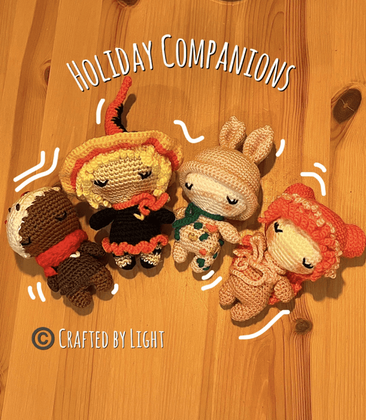 Holiday Companions crochet character collection featuring Valentine's Angel, Easter Bunny, Halloween Witch and Christmas Gingerbread Man