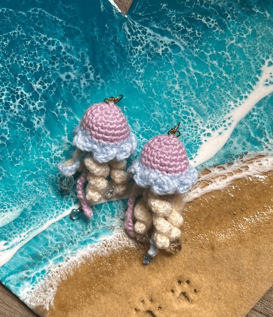 Limited edition handmade crochet jellyfish earrings with decorative embellishments in gold and silver ocean statement jewellery UK