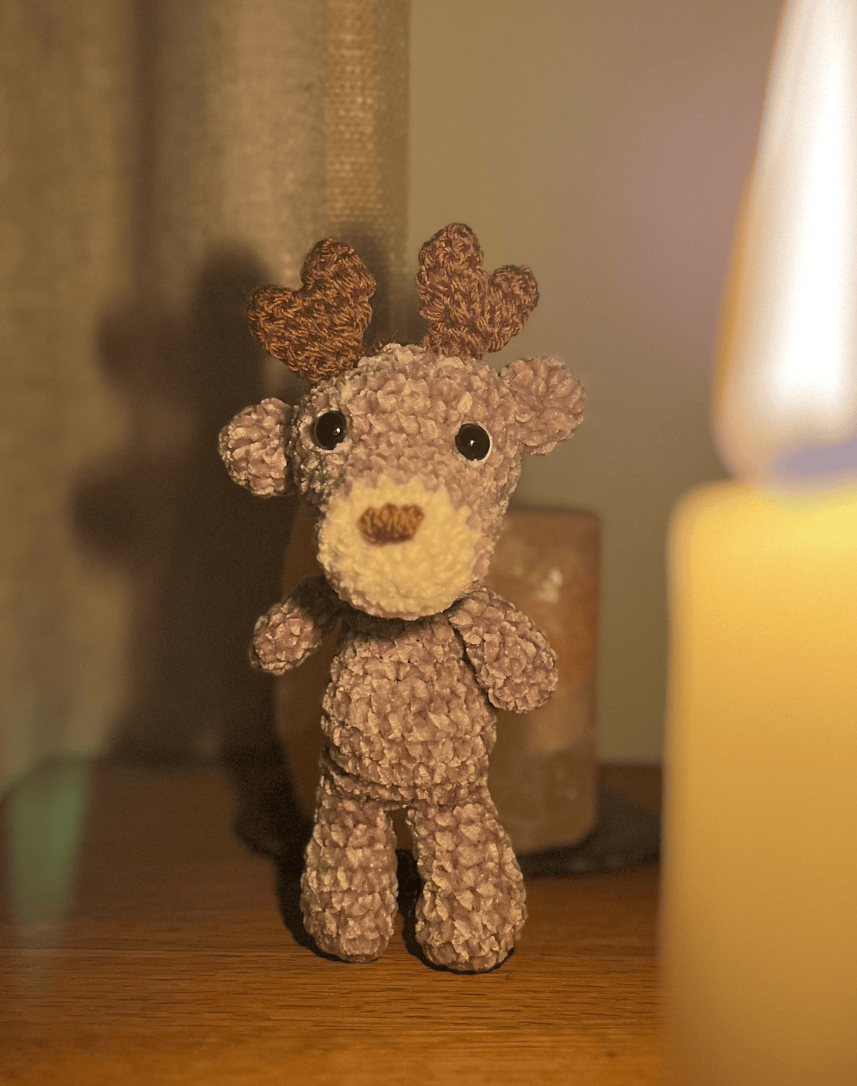 Male chenille crochet reindeer Christmas tree ornament, handmade festive hanging decoration