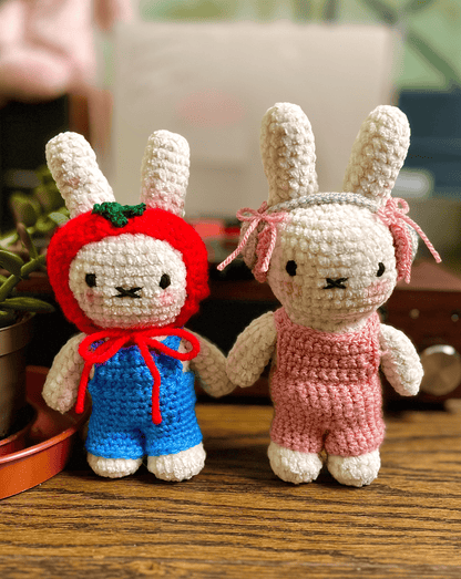 Handmade crochet Miffy plush toy in cute blue and pink dungaree outfits, Miffy crochet plushies and character collectibles