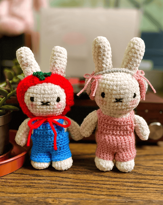 Handmade crochet Miffy plush toy in cute blue and pink dungaree outfits, Miffy crochet plushies and character collectibles