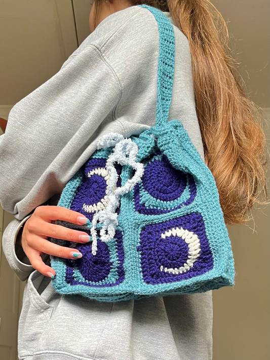 New Moon Fasten Up handmade crochet tote bag with celestial moon inspired design