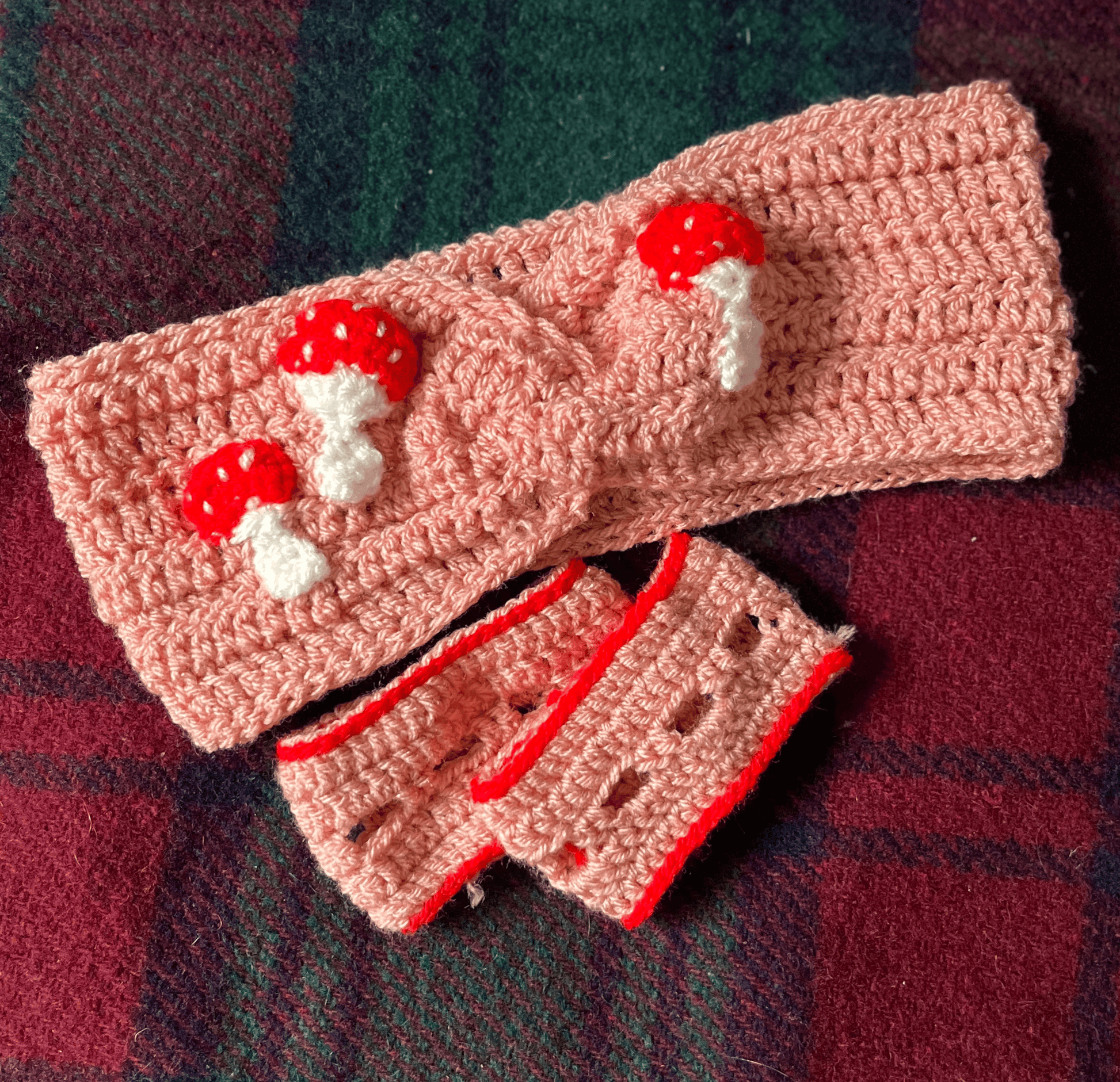 Mushroom crochet accessory set with matching headwarmer and wrist warmers for autumn
