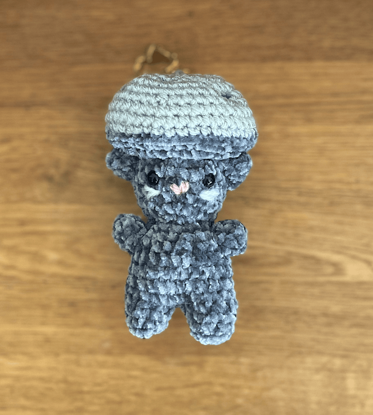 Ink Cat chenille crochet cat keyring inspired by an ink cap mushroom, forestcore mushroom accessory