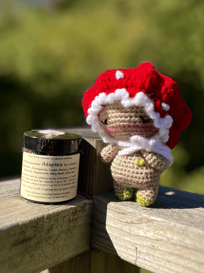 Agaricus crochet mushroom companion paired with Adaptea herbal powder