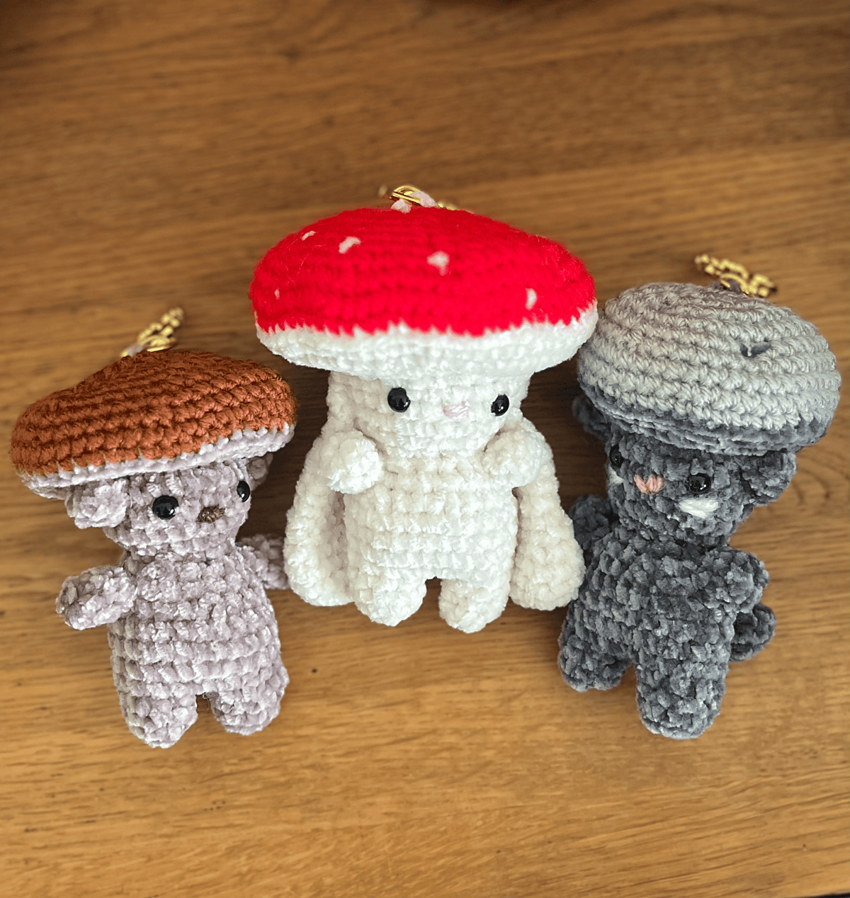 Mini Mushi chenille crochet mushroom animal keyrings featuring bunny, bear and cat woodland designs