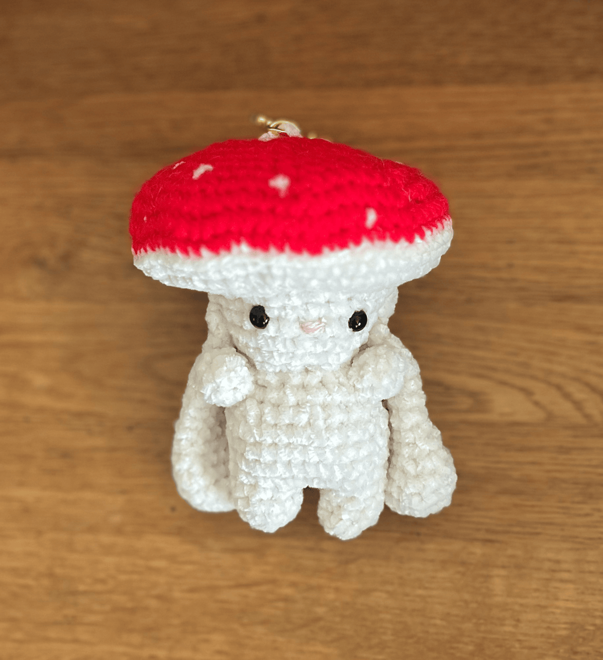Fly Arabbit chenille crochet bunny keyring with Fly Agaric mushroom cap, cottagecore woodland accessory