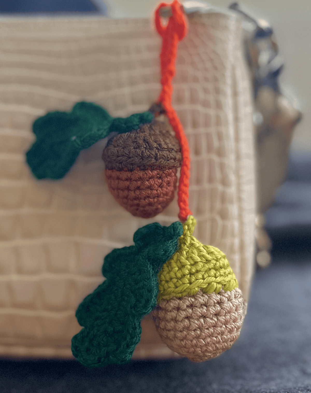 Crochet acorn and oak leaf keychain, handmade autumn woodland accessory and cute fall bag charm