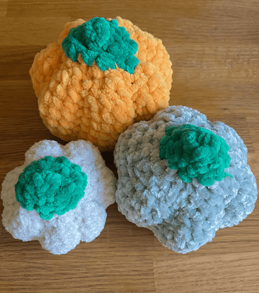 Festive Frosty Pumpkin Patch chunky crochet pumpkins in pastel orange, green and white
