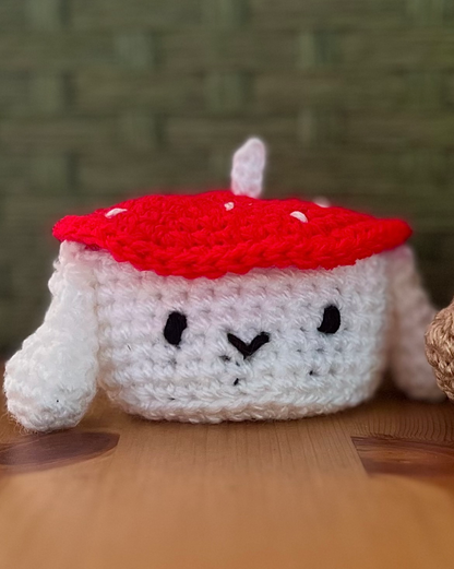 Crochet mushroom rabbit accessory box with toadstool hat, cottagecore autumn trinket storage