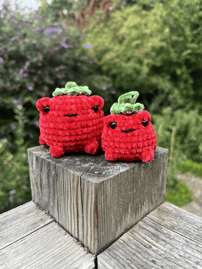 Red Toadmato handmade crochet tomato toad plushie in soft chenille yarn