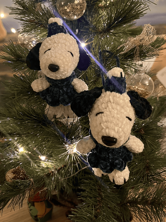 Snoopy Christmas tree crochet ornament and keyring handmade from soft chenille yarn